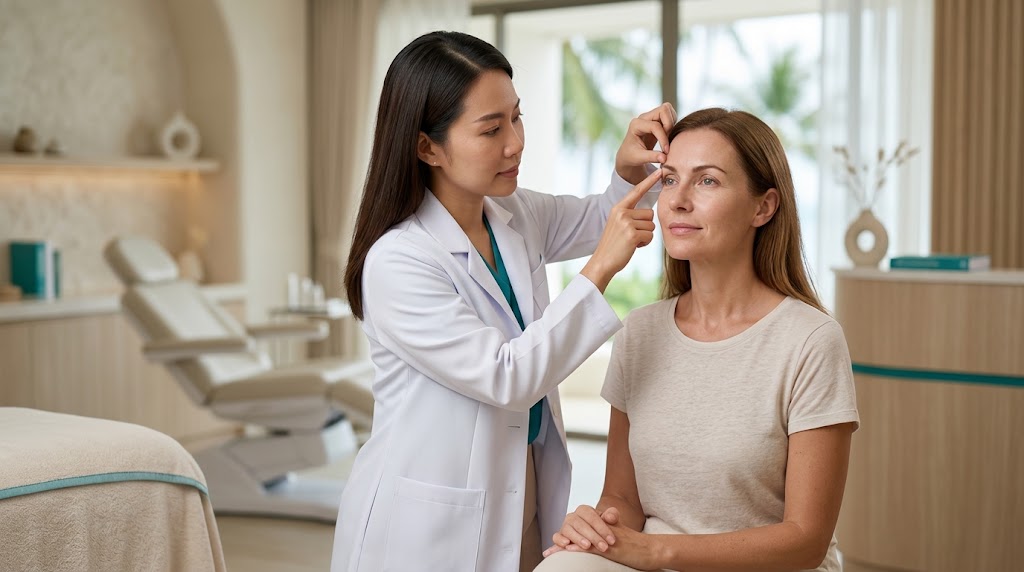 Doctor assessing brow position and upper eyelids at a Koh Samui clinic