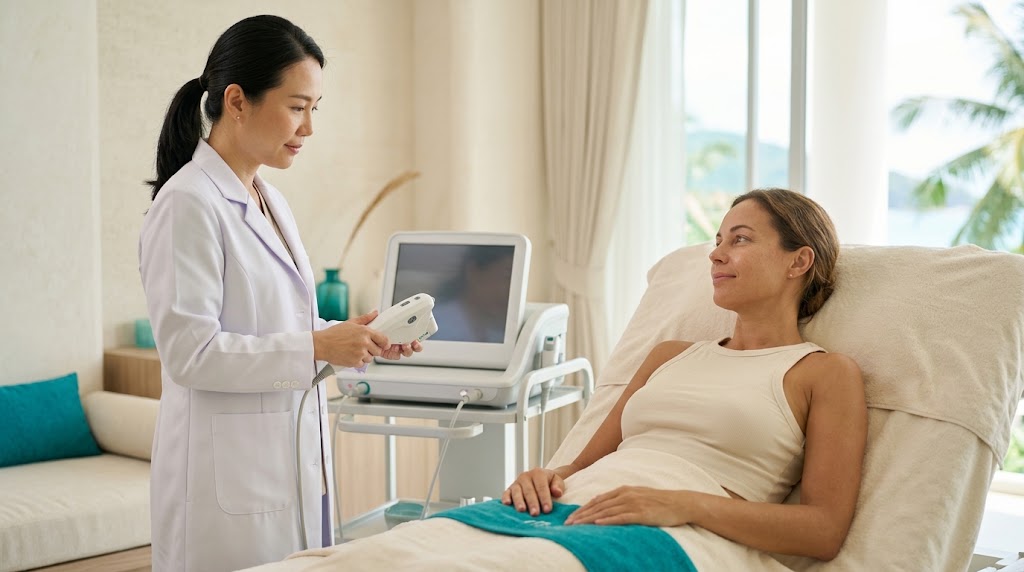 Doctor preparing a HIFU treatment for a client at a bright Koh Phangan clinic