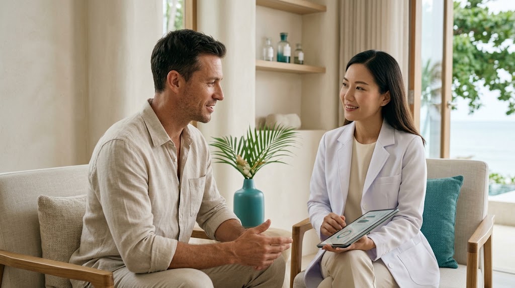 Man discussing laser hair removal options with a doctor at a bright Koh Samui clinic