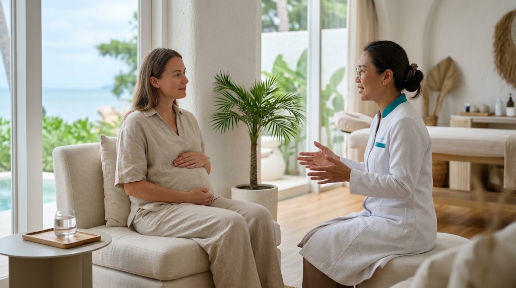 Pregnant woman discussing treatment timing with a doctor at a bright Koh Samui clinic