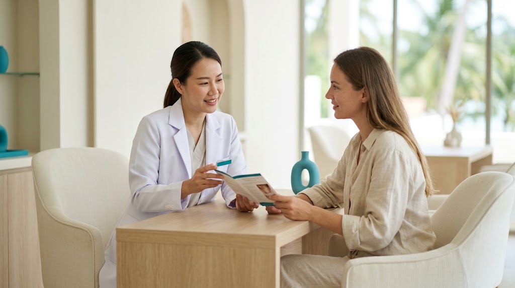 Doctor explaining laser hair removal preparation to a client at a Koh Samui clinic