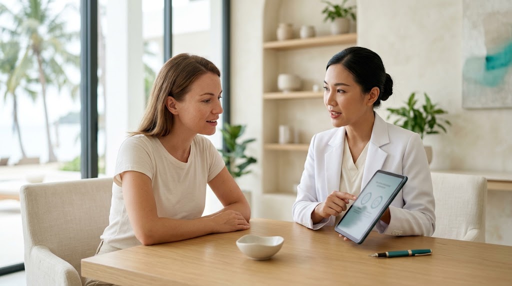 Doctor comparing Botox and skin tightening options with a client at a Koh Samui clinic
