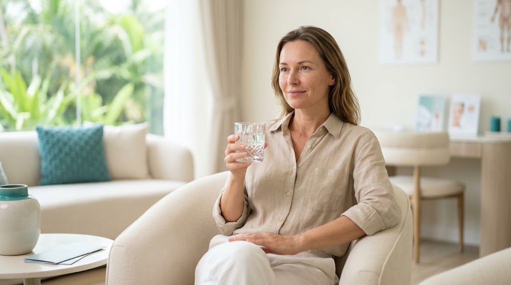 Woman with healthy natural skin discussing collagen and skin health at a Koh Samui clinic