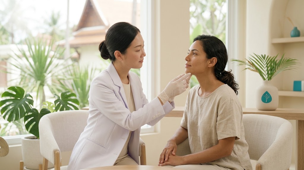 Doctor assessing facial hair on the chin and upper lip during a consultation on Koh Samui