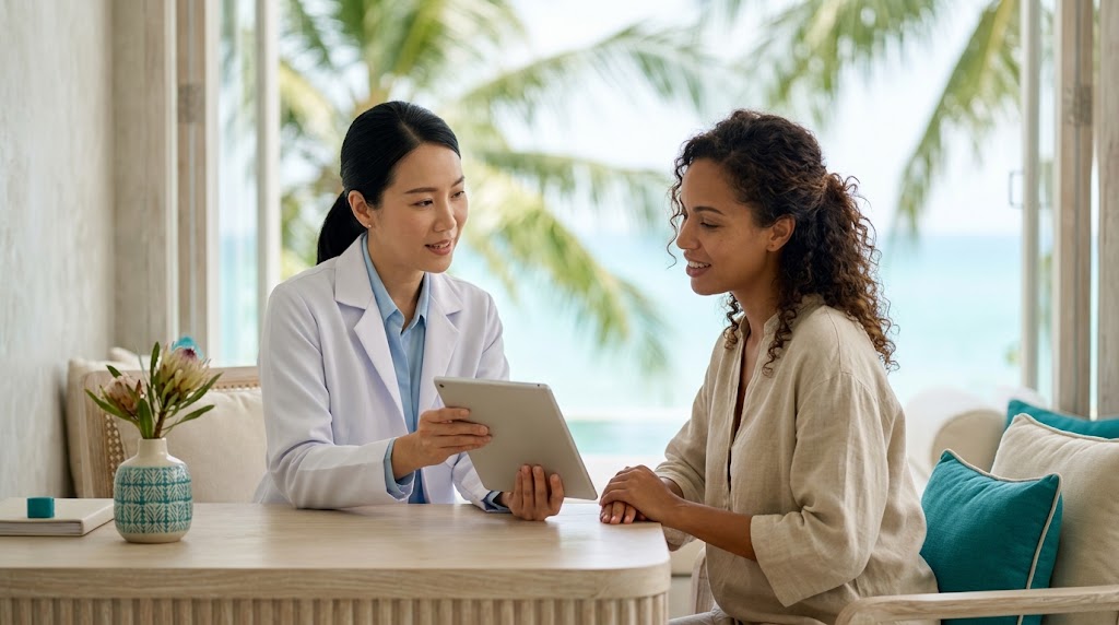 Doctor explaining available aesthetic treatment options at a Koh Phangan clinic