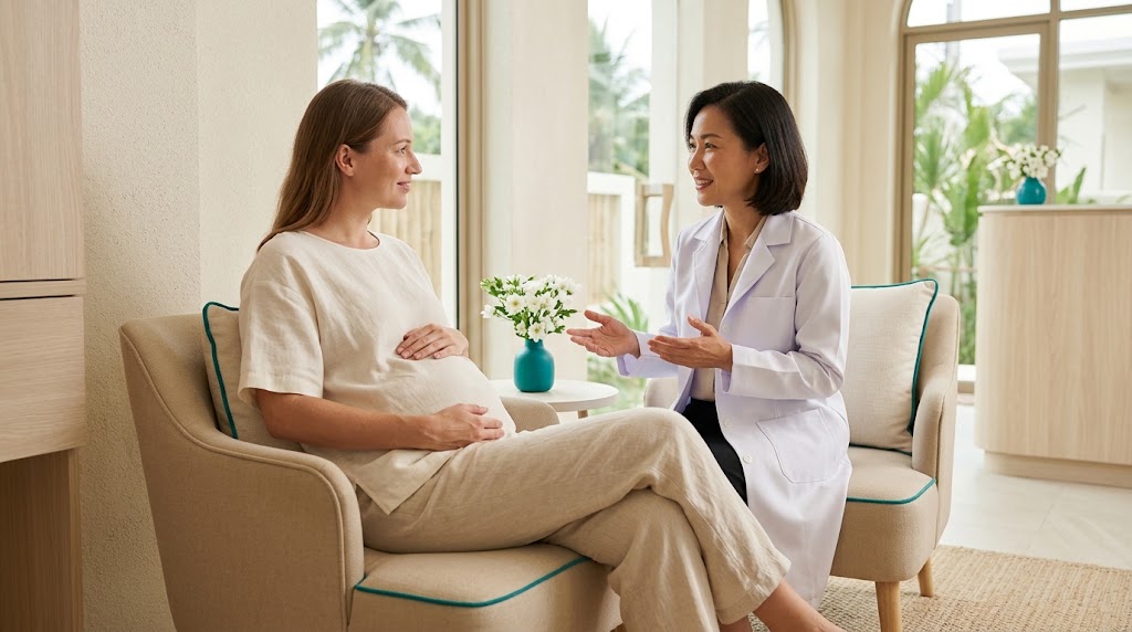 Pregnant woman discussing treatment safety and timing with a doctor on Koh Samui