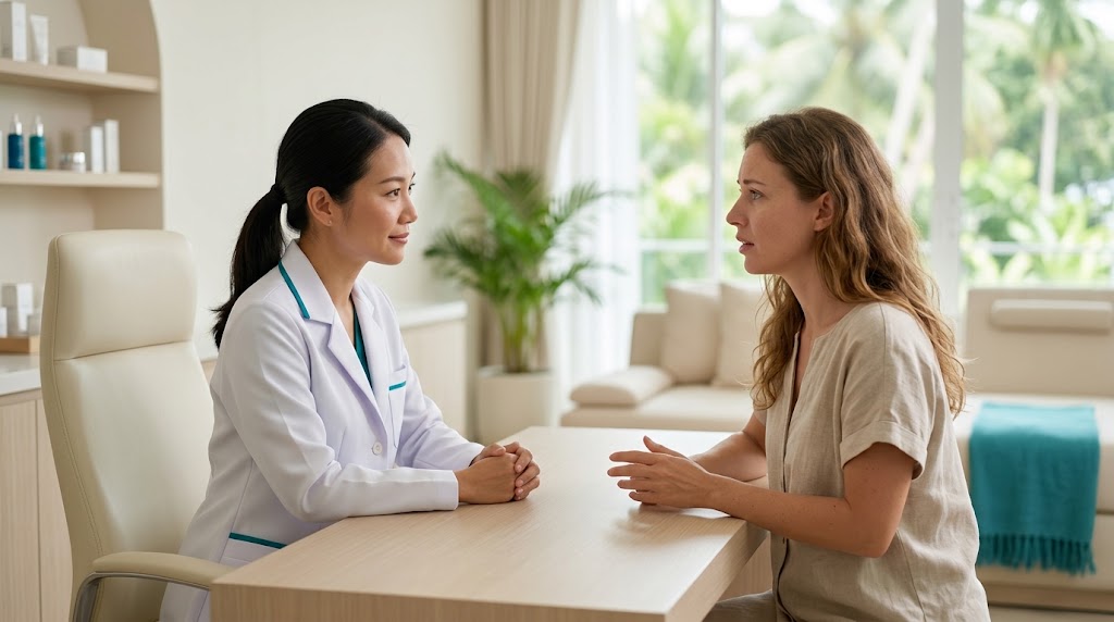 Doctor listening to a client's concerns at a filler review appointment on Koh Samui