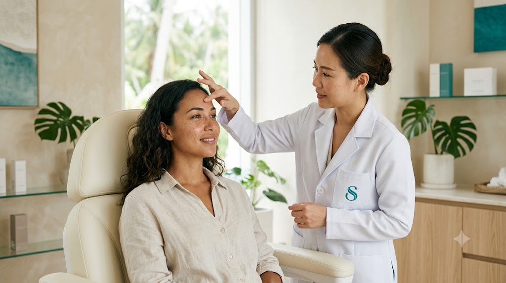 Doctor assessing forehead muscle movement to plan Botox units at a bright Koh Samui clinic