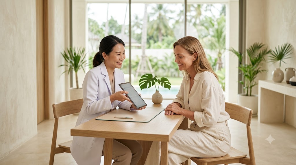 Doctor explaining the difference between Botox and dermal filler to a client at a Koh Samui clinic