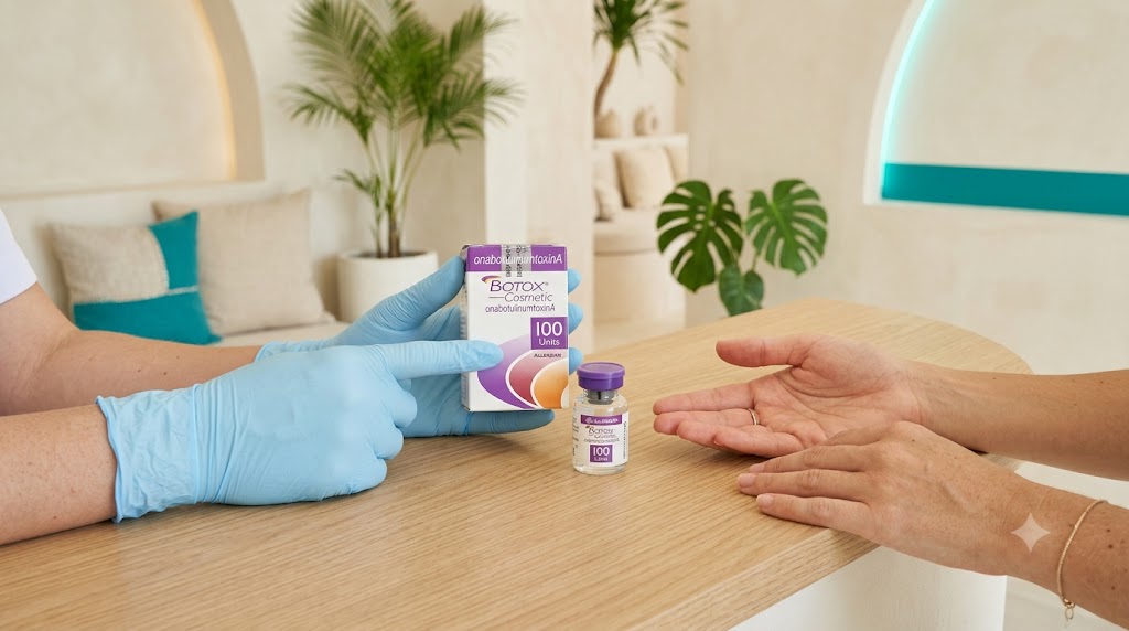 Doctor showing a sealed genuine botulinum toxin product to a patient at a licensed Koh Phangan clinic