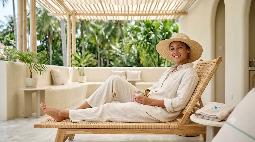 Woman in a sun hat with healthy glowing skin relaxing in tropical shade on Koh Samui