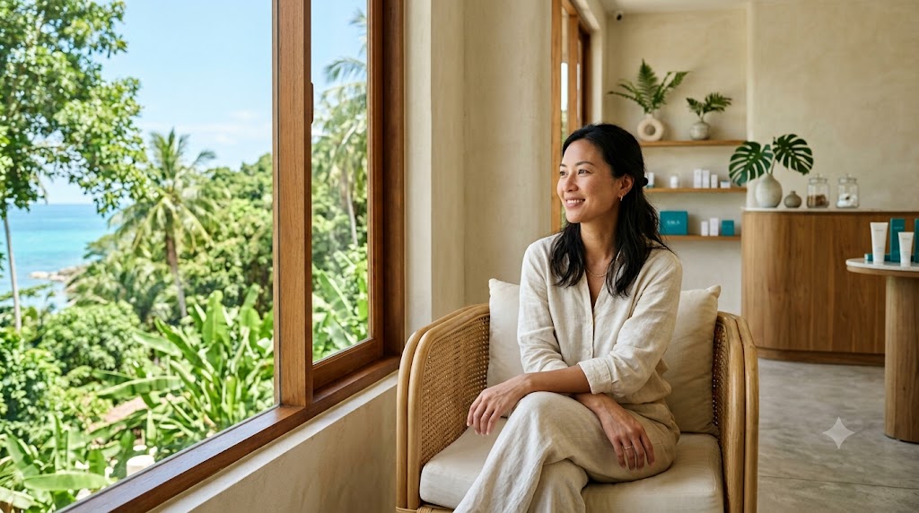 Woman relaxing in a bright premium aesthetic clinic reception on Koh Phangan before Botox