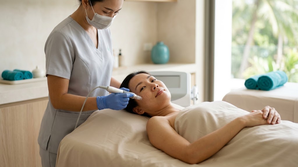 Clinician preparing an RF microneedling skin tightening treatment at a Koh Samui clinic