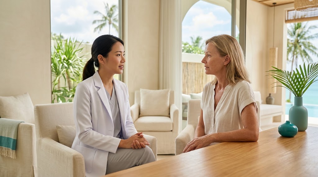 Doctor giving honest advice about non-surgical versus surgical options at a Koh Samui clinic