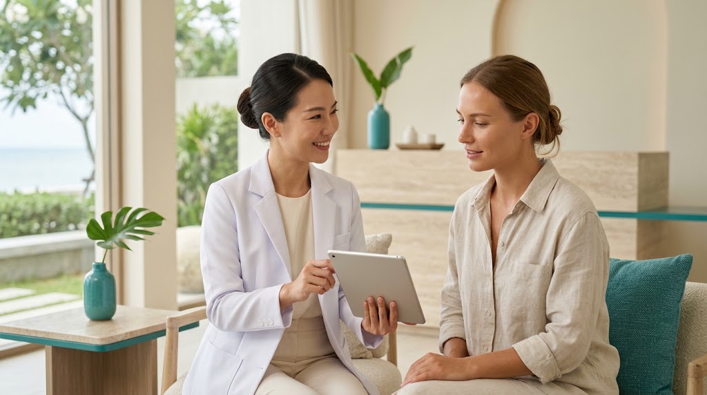 Doctor explaining realistic laser hair removal results to a client at a Koh Samui clinic
