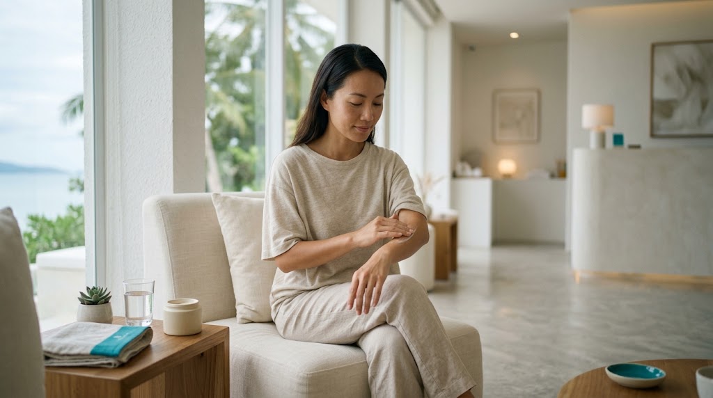 Woman applying gentle aftercare moisturiser following laser hair removal on Koh Samui