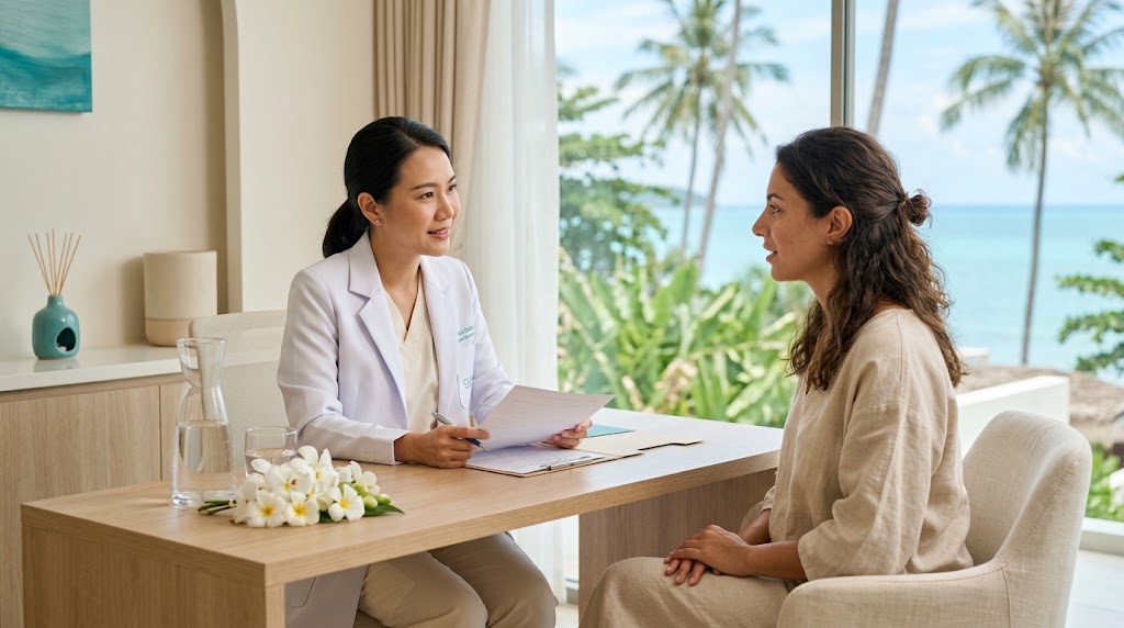 Doctor in a supportive consultation about hormonal hair growth at a Koh Samui clinic
