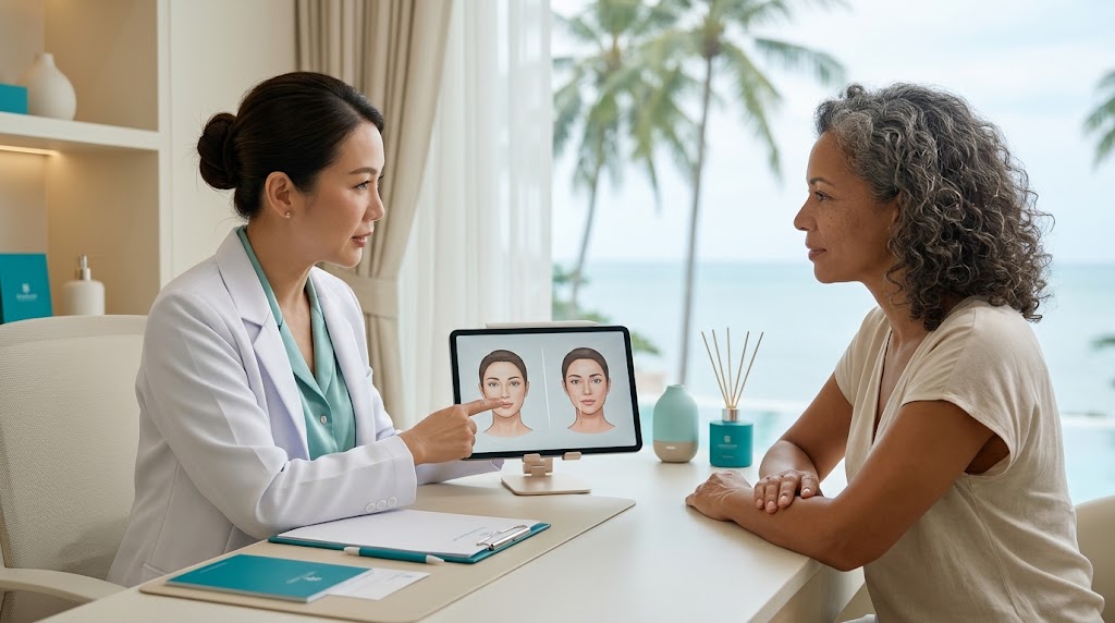 Doctor explaining the difference between filler and biostimulator options on Koh Samui