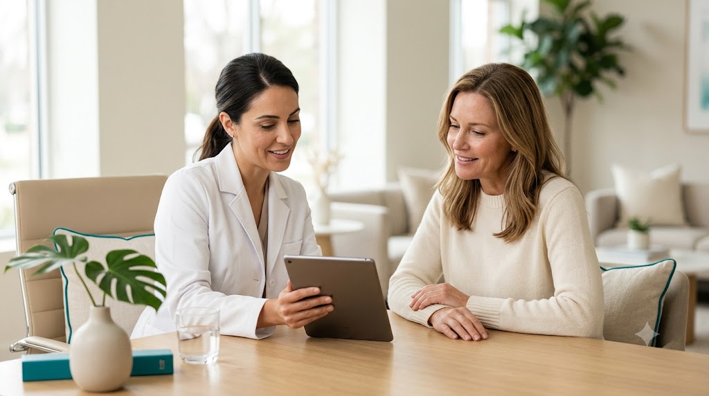 Doctor reviewing Botox pricing and a treatment plan on a tablet with a client at a Koh Samui clinic