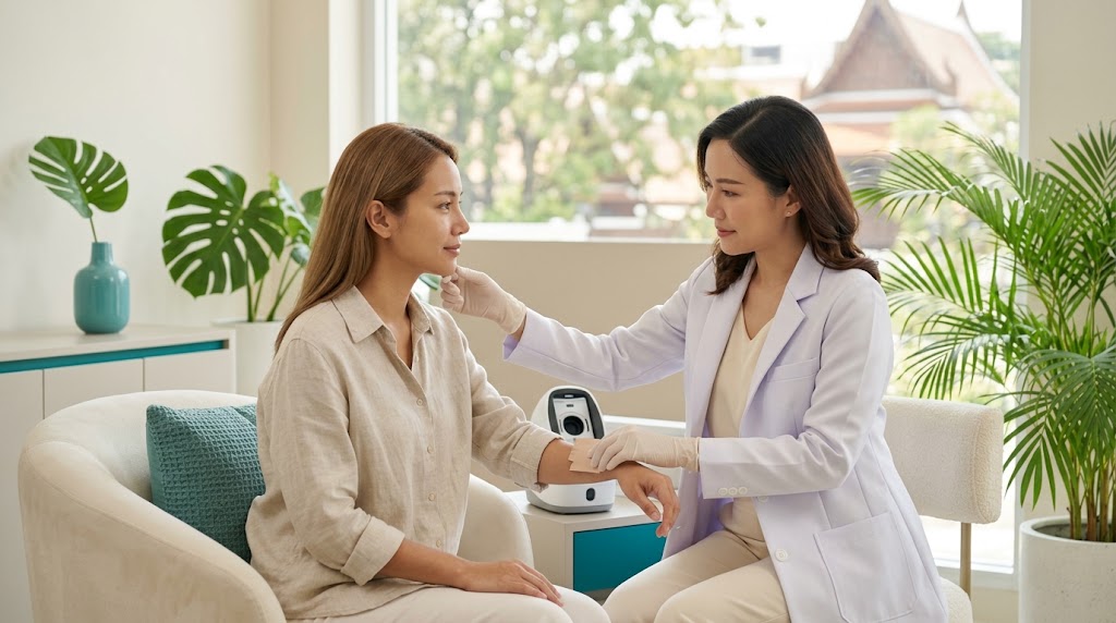 Doctor assessing skin type to select the right laser for a client at a Koh Samui clinic