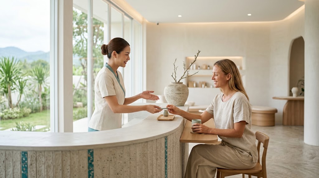 Welcoming bright reception at a doctor-led aesthetic clinic on Koh Samui
