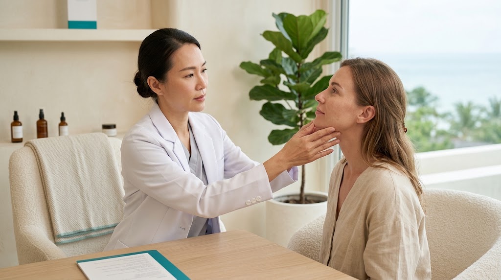 Doctor assessing the under-chin area for fat dissolving injections at a Koh Samui clinic
