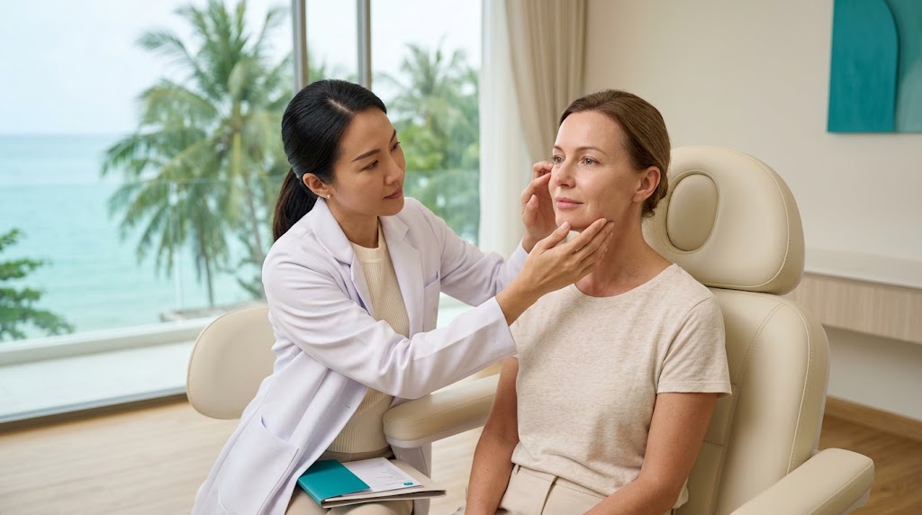 Doctor assessing mid-face volume and smile lines at a Koh Samui clinic