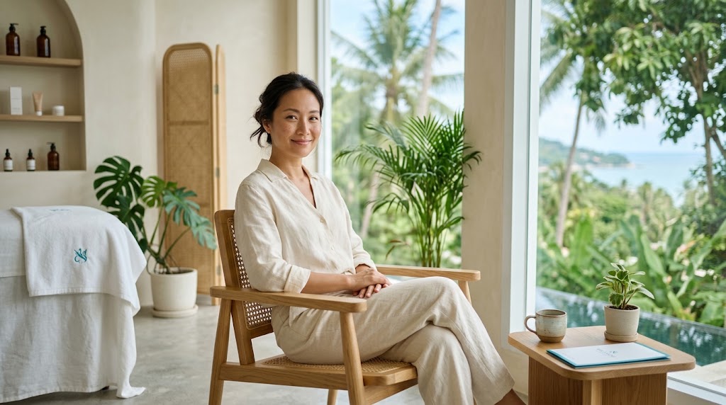 Woman with smooth healthy skin at a bright premium clinic on Koh Phangan