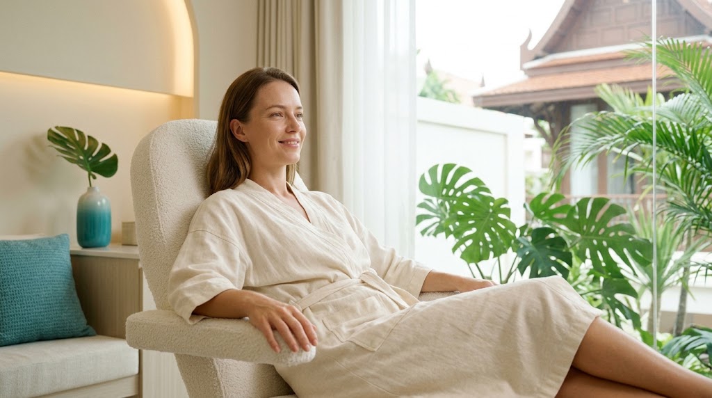Woman relaxed in a private treatment room at a bright premium Koh Samui clinic