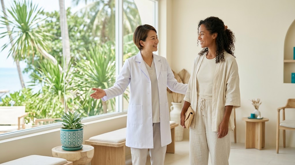 Doctor welcoming a client at a bright premium aesthetic clinic on Koh Phangan