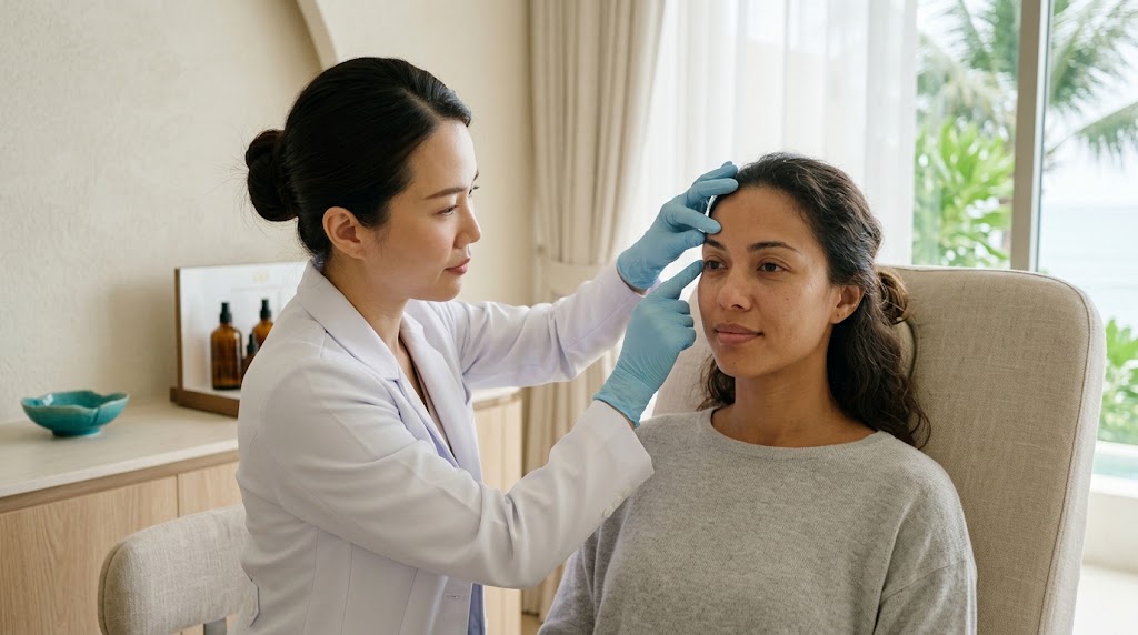 Doctor assessing the under-eye and brow area for a tired appearance on Koh Samui