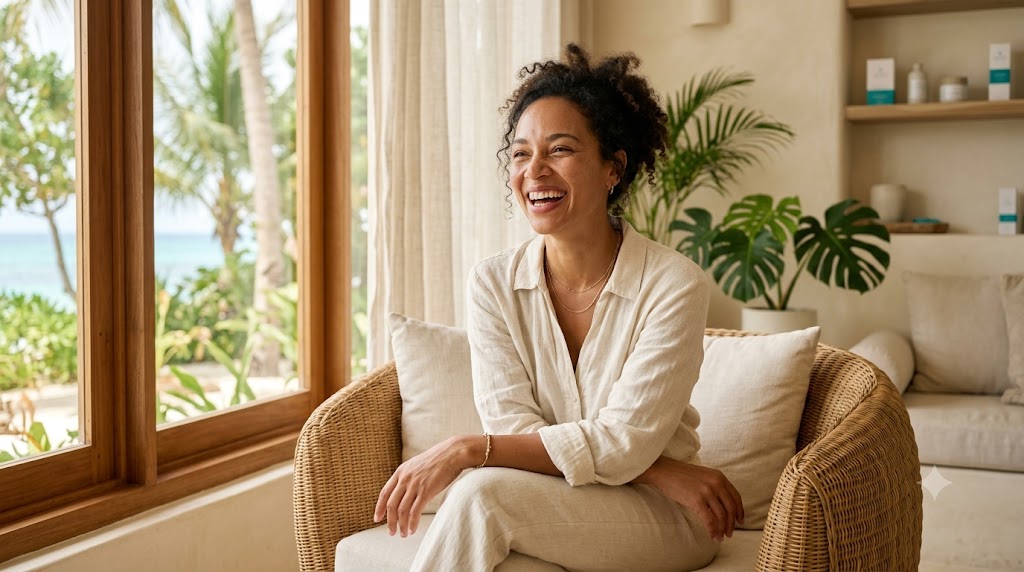 Relaxed traveller with healthy skin at a bright premium aesthetic clinic in Thailand