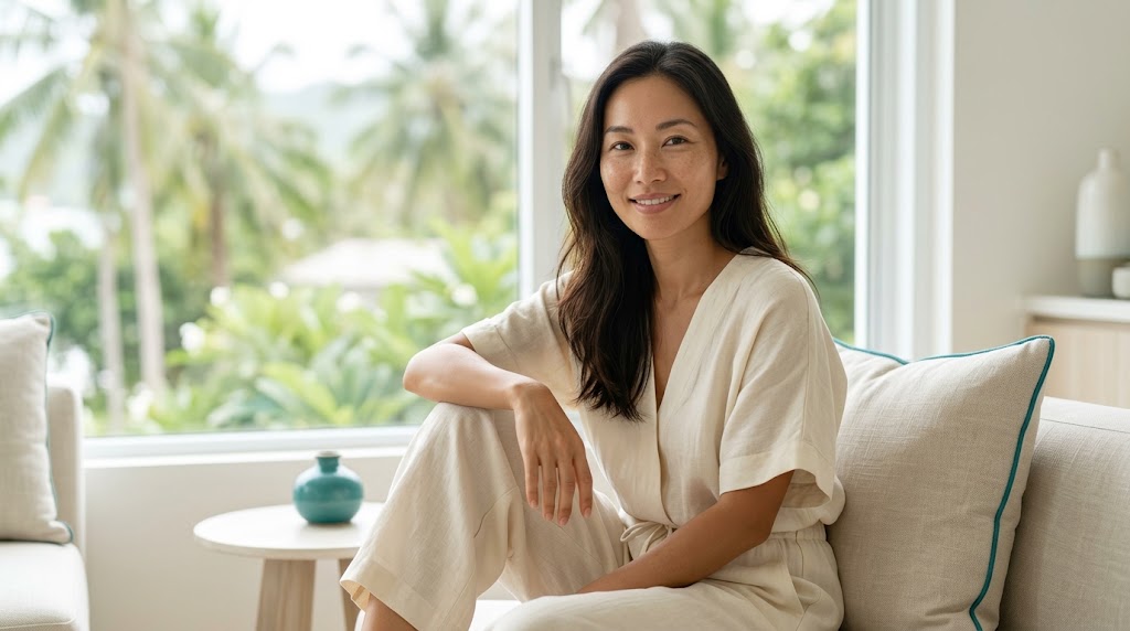 Woman with hydrated glowing skin at a bright premium clinic on Koh Phangan
