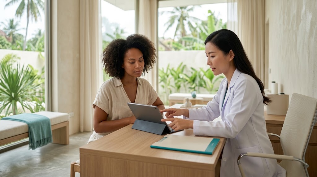 Doctor reviewing a full body laser hair removal package and pricing with a client in Thailand