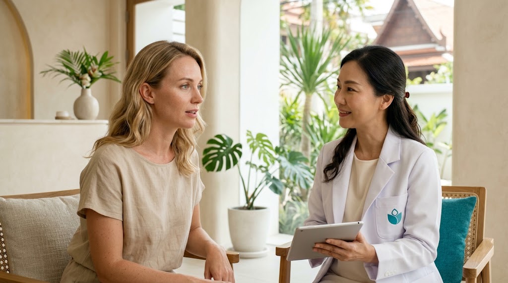 Blonde woman discussing laser hair removal suitability with a doctor at a Koh Samui clinic