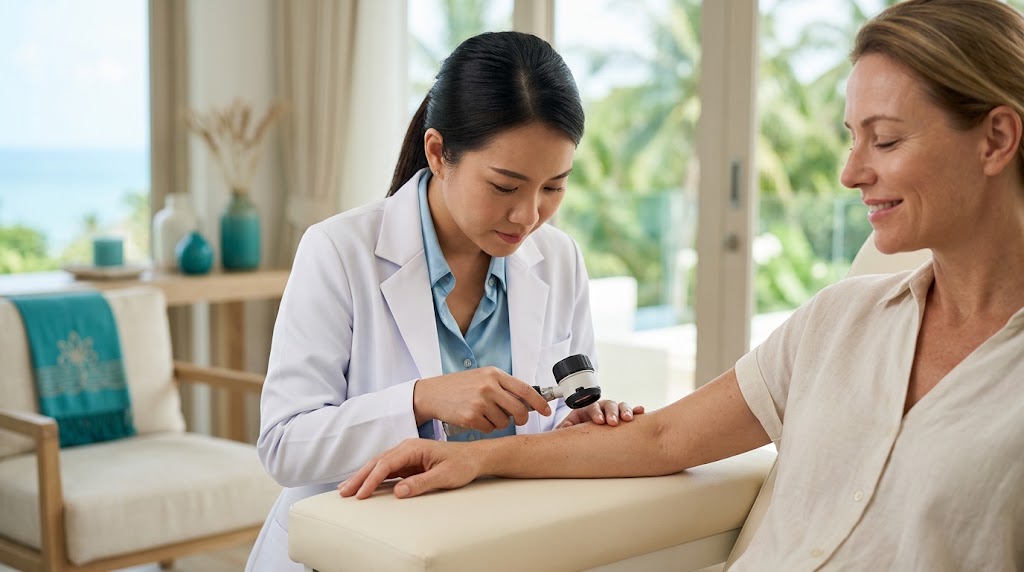 Doctor carefully assessing a client's skin at a trusted Koh Samui clinic