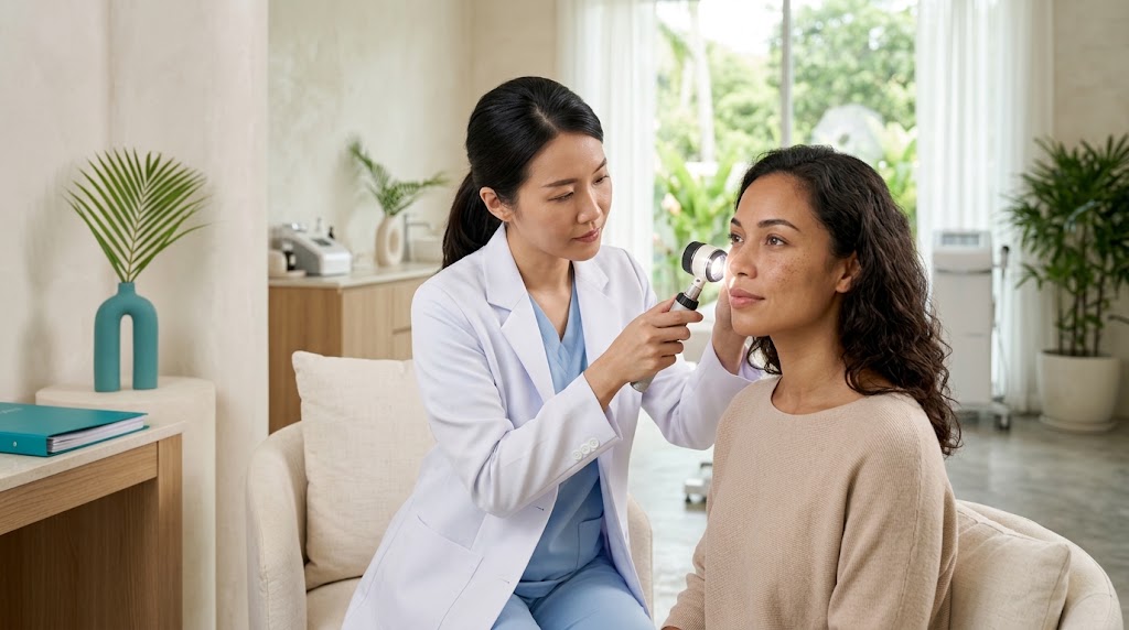 Doctor assessing facial pigmentation before laser treatment at a Koh Samui clinic