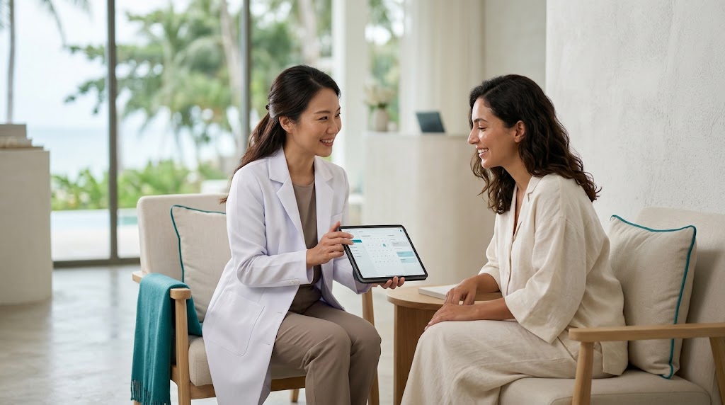 Doctor discussing skin booster maintenance timing with a client at a Koh Samui clinic