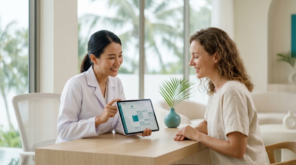 Doctor explaining a laser hair removal session schedule to a client at a Koh Samui clinic