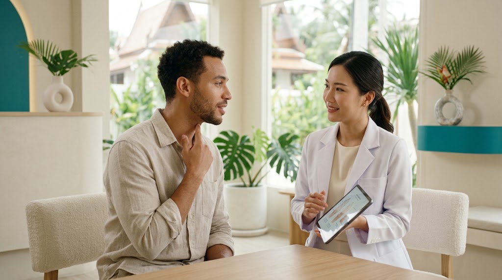 Man with clear smooth neck skin discussing ingrown hairs with a doctor at a Koh Samui clinic
