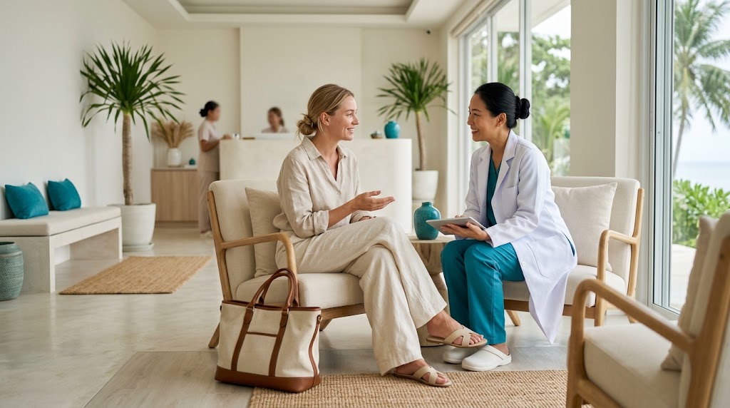 Traveller consulting a doctor about aesthetic treatments at a Koh Samui clinic