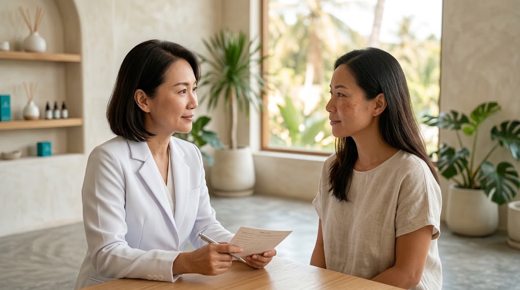 Doctor consulting a woman about melasma and pigmentation treatment in Thailand