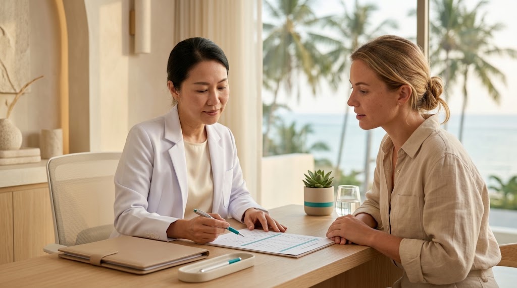 Doctor reviewing medical history with a client before injectable treatment on Koh Samui