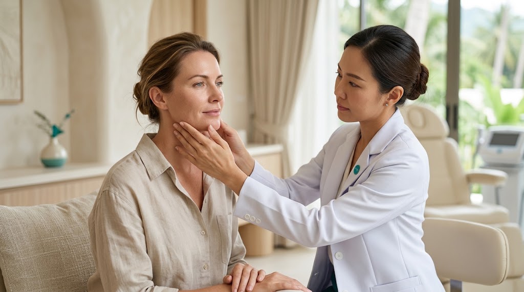 Doctor assessing neck lines and muscle bands at a Koh Samui clinic