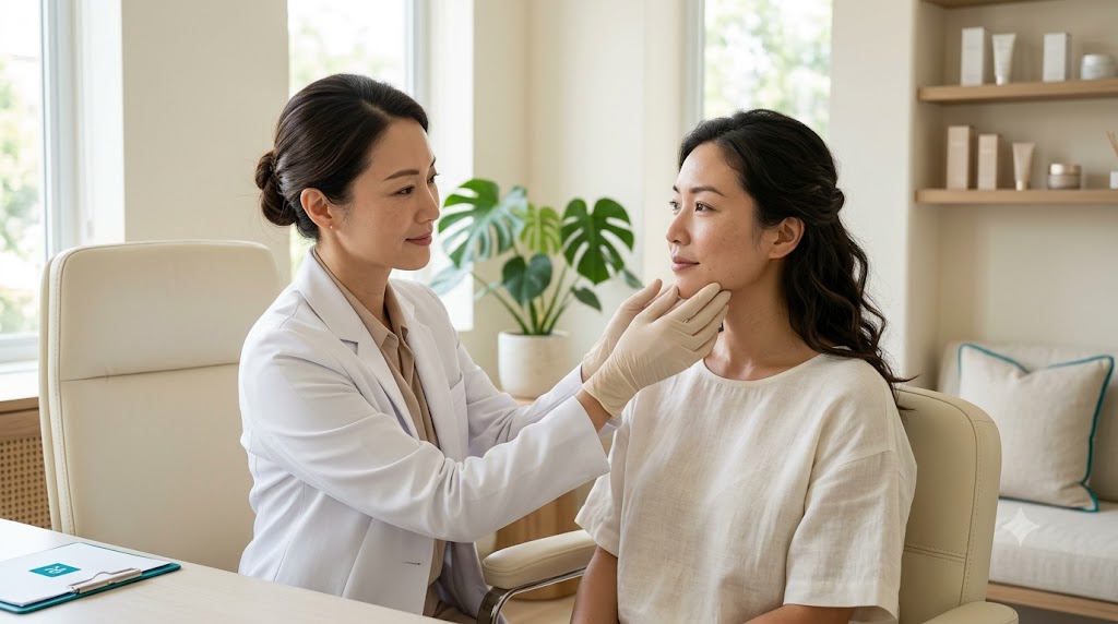 Doctor assessing a woman's jawline for masseter Botox jaw slimming at a bright Koh Samui clinic