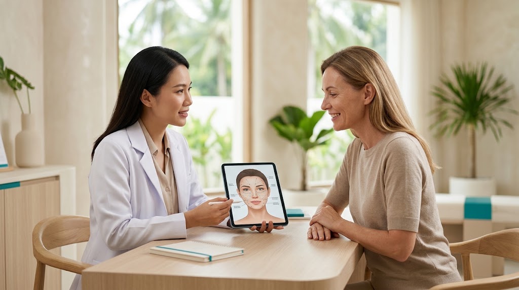 Doctor planning a combined full-face treatment with a client at a Koh Samui clinic