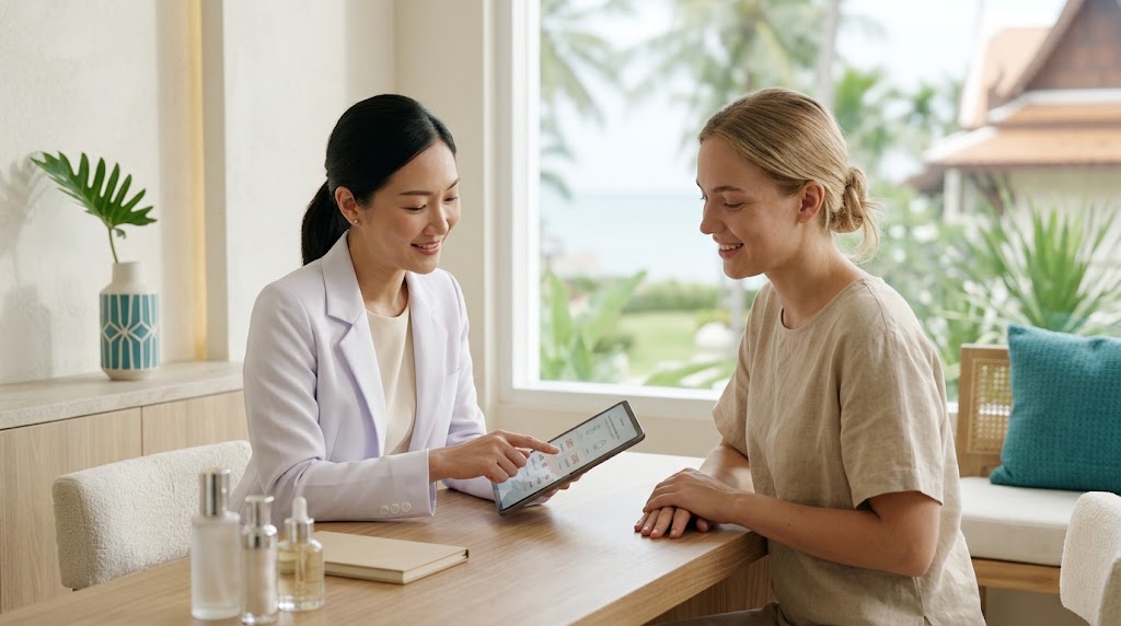 Doctor reviewing underarm laser hair removal pricing with a client at a Koh Samui clinic