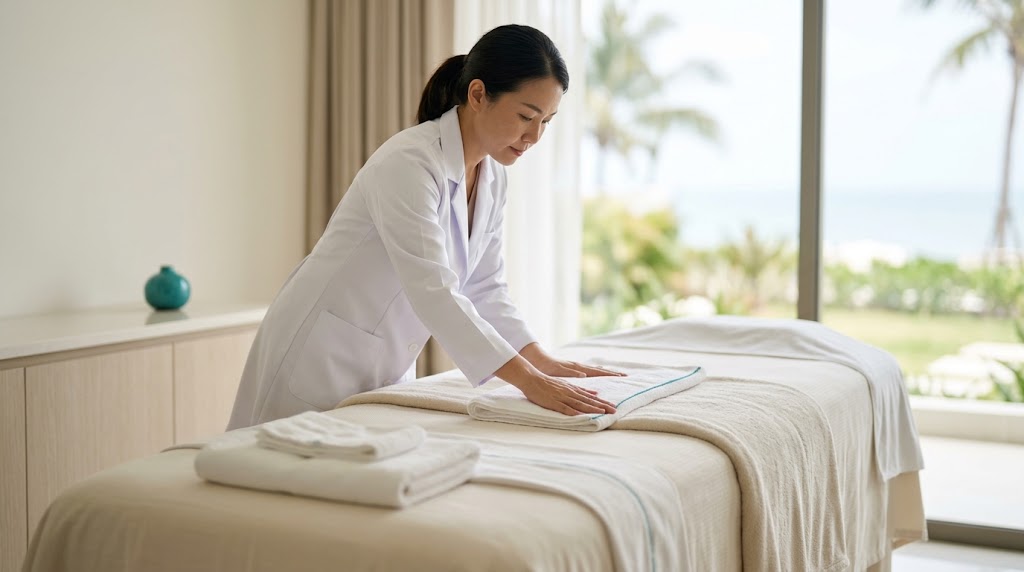 Serene treatment room blending clinical and spa design at a Koh Samui medical spa