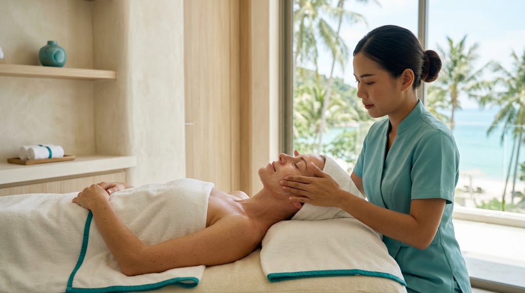 Woman receiving a hydrating facial treatment at a bright premium Koh Samui clinic