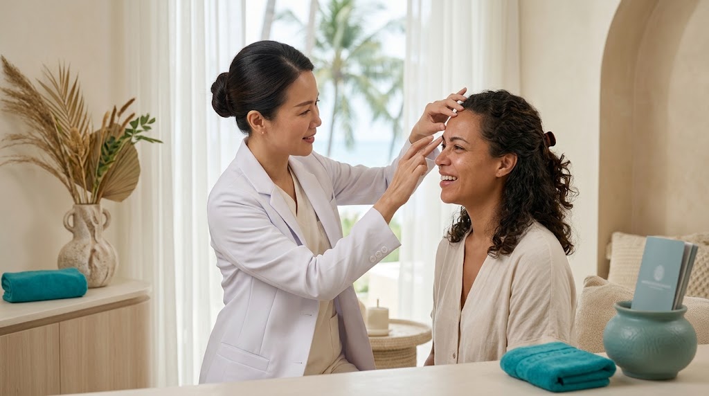 Doctor assessing forehead lines and brow movement at a Koh Samui clinic